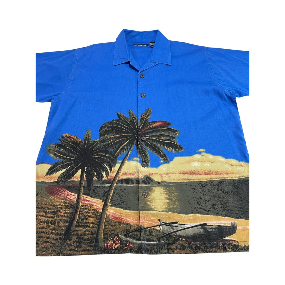 No Boundaries Button Front Shirt Mens XL Blue Tropical Palm Tree Boat Aloha E24